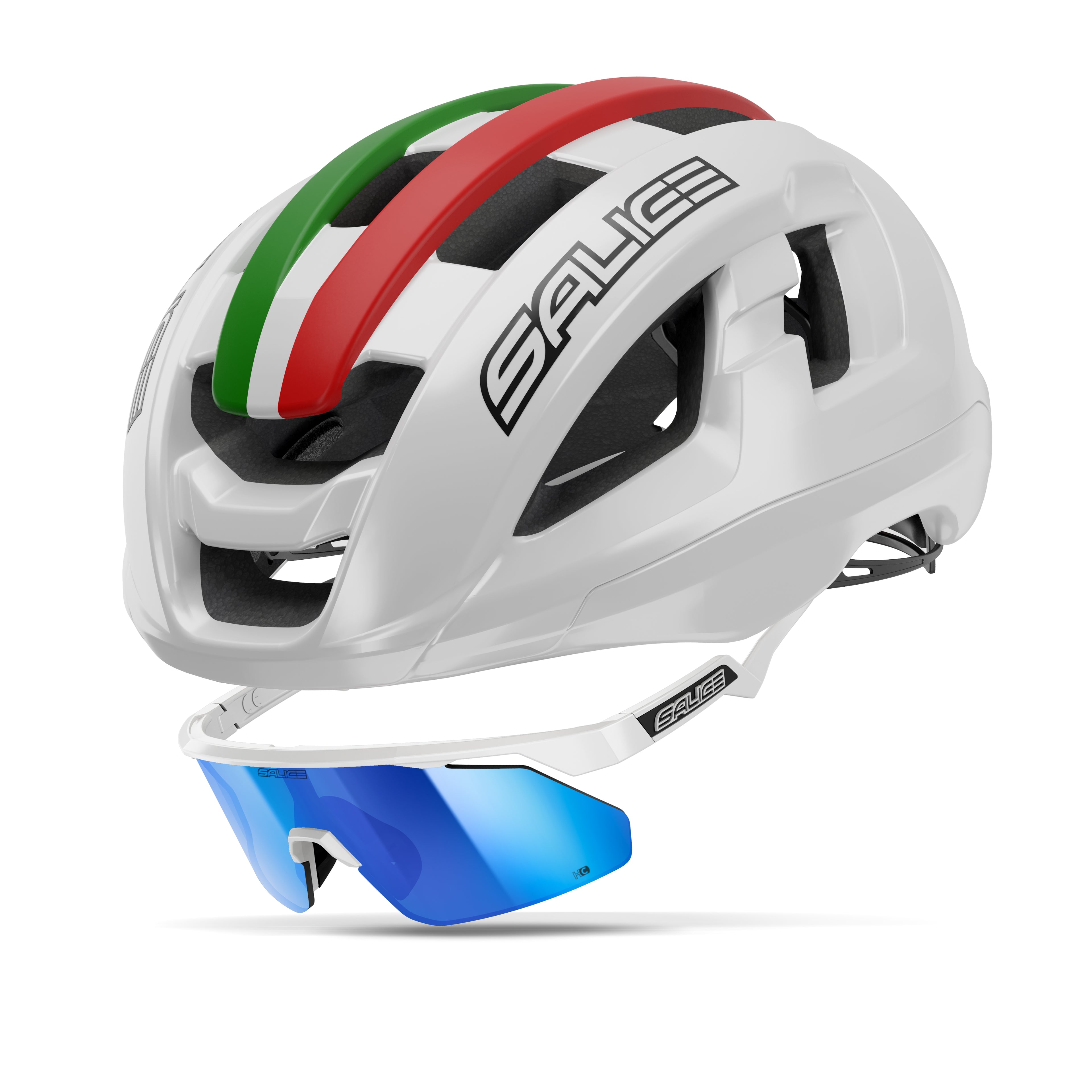 Casco Salice Gavia ITA negro con gafas Salice 030 negro verde look ciclismo