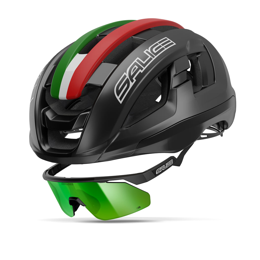 Casco Salice Gavia negro con gafas Salice 030 negro argento look ciclismo